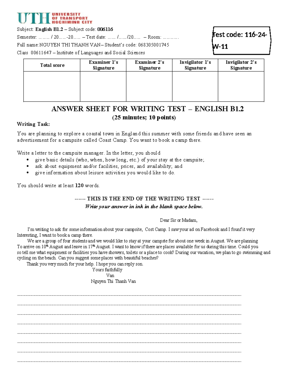 English B1.2 (006116) Writing Test: Letter to Coast Camp Manager - Studocu