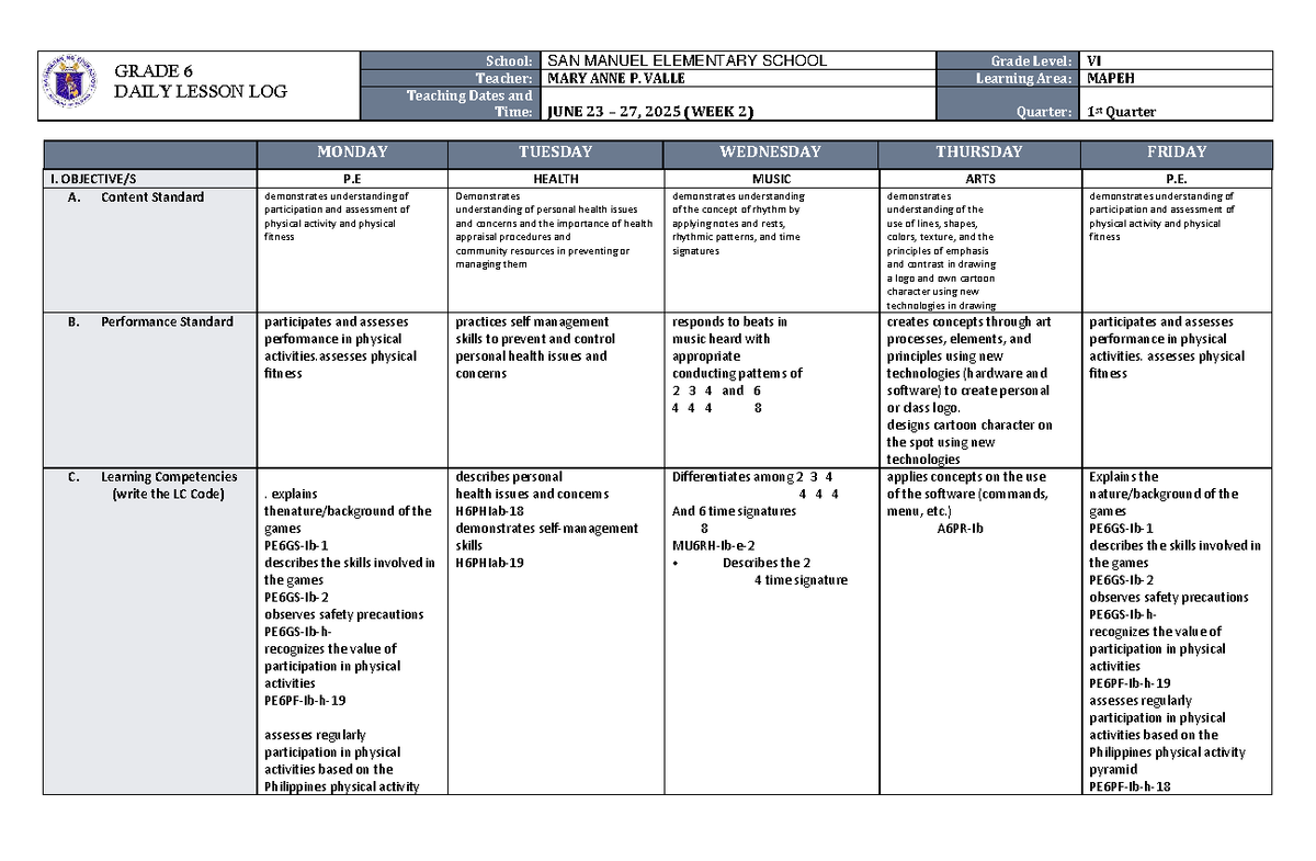 DLL MAPEH 6 Q1 W2 - Daily Lesson Log for June 23-27, 2025 - Studocu