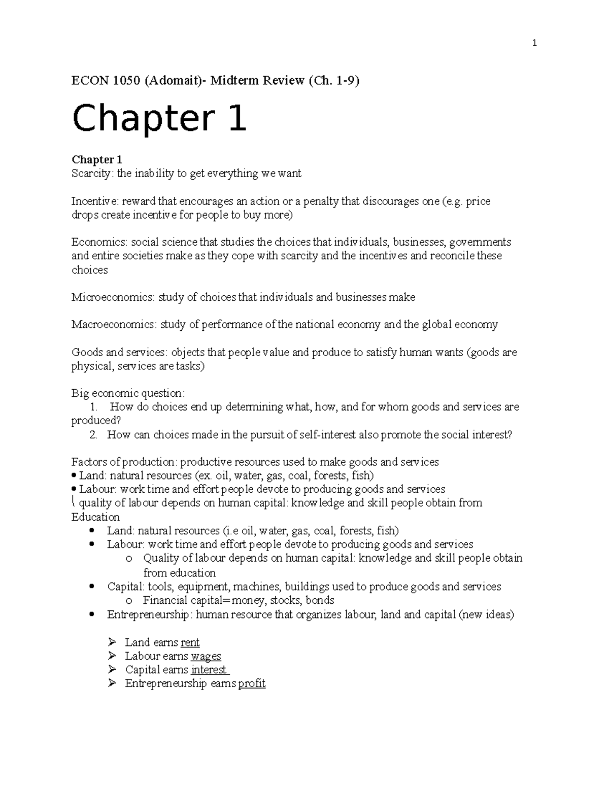 ECON 1050 Midterm Review Notes: Key Concepts from Chapters 1-9 - Studocu