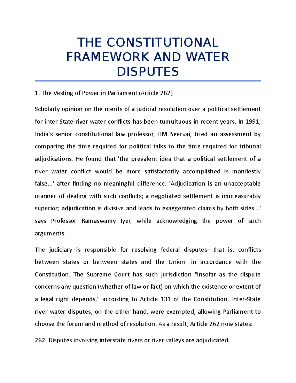 Constitutional Framework & Water Disputes: Analysis of Article 262 ...