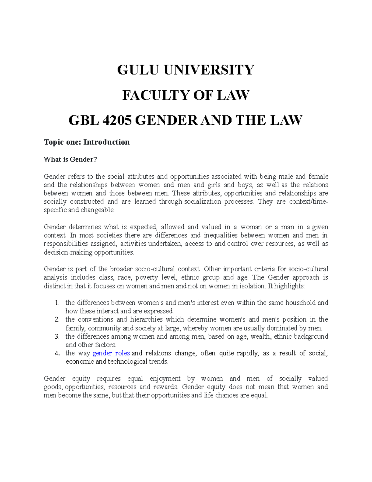 GBL 4205 Gender and the Law: Lecture Notes on Gender Roles and Equity - Document Preview