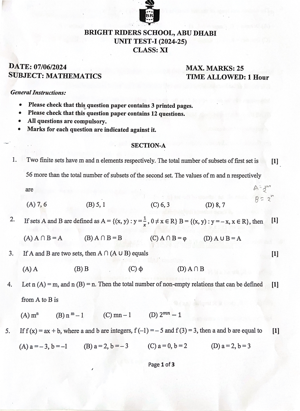 Mathematics Unit Test 1 - Grade 11 (BRS XI UT1 ‘24-25) - Studocu