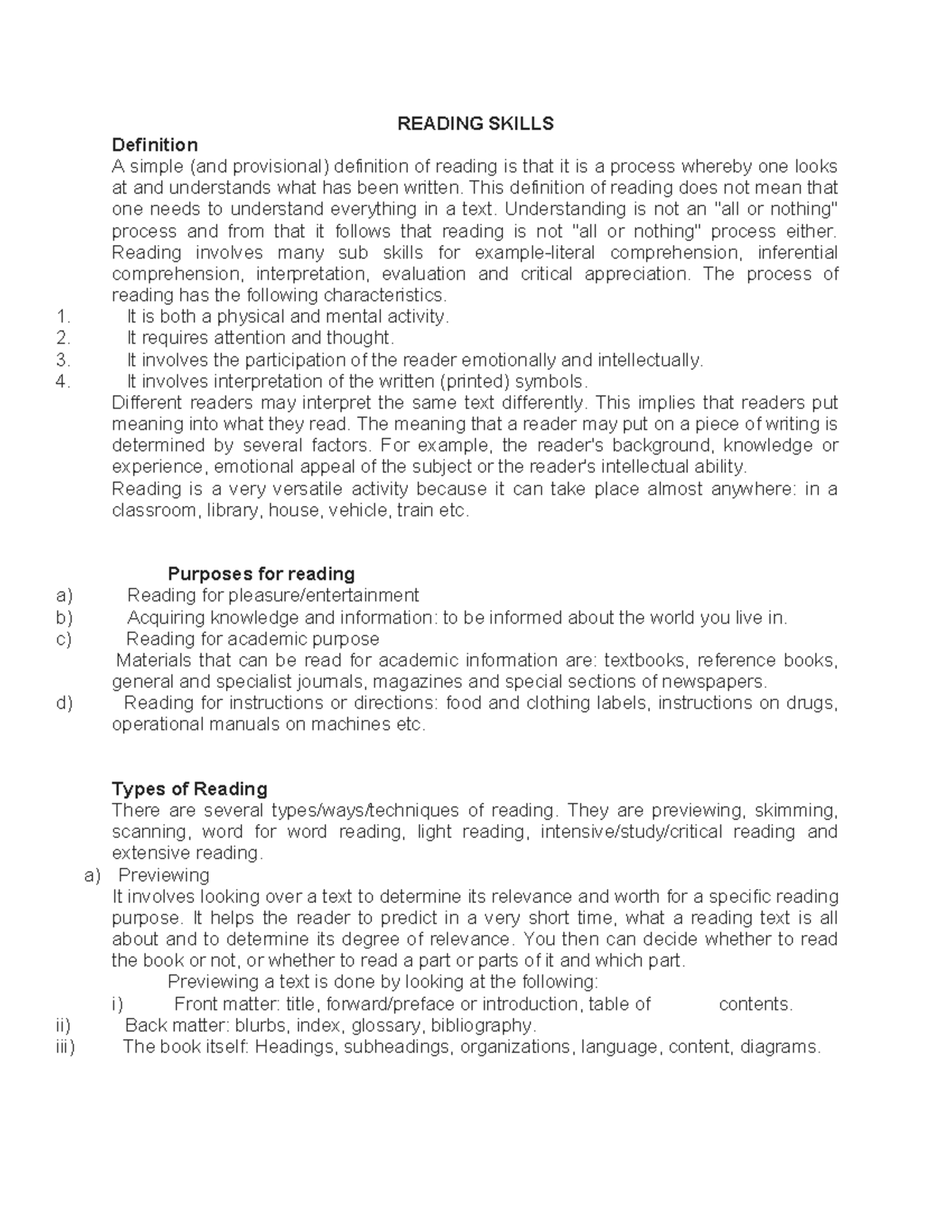 Reading Skills - READING SKILLS Definition A simple (and provisional ...