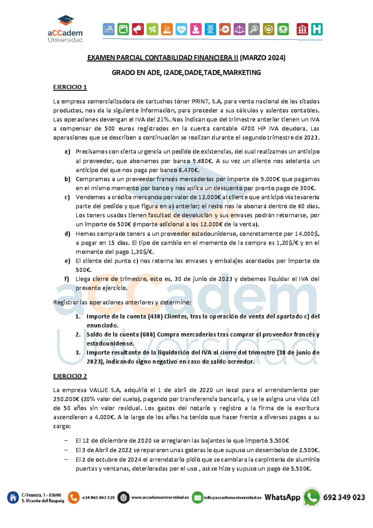 Examen Parcial Contabilidad Financiera II (Marzo 2024) - Ejercicios y ...