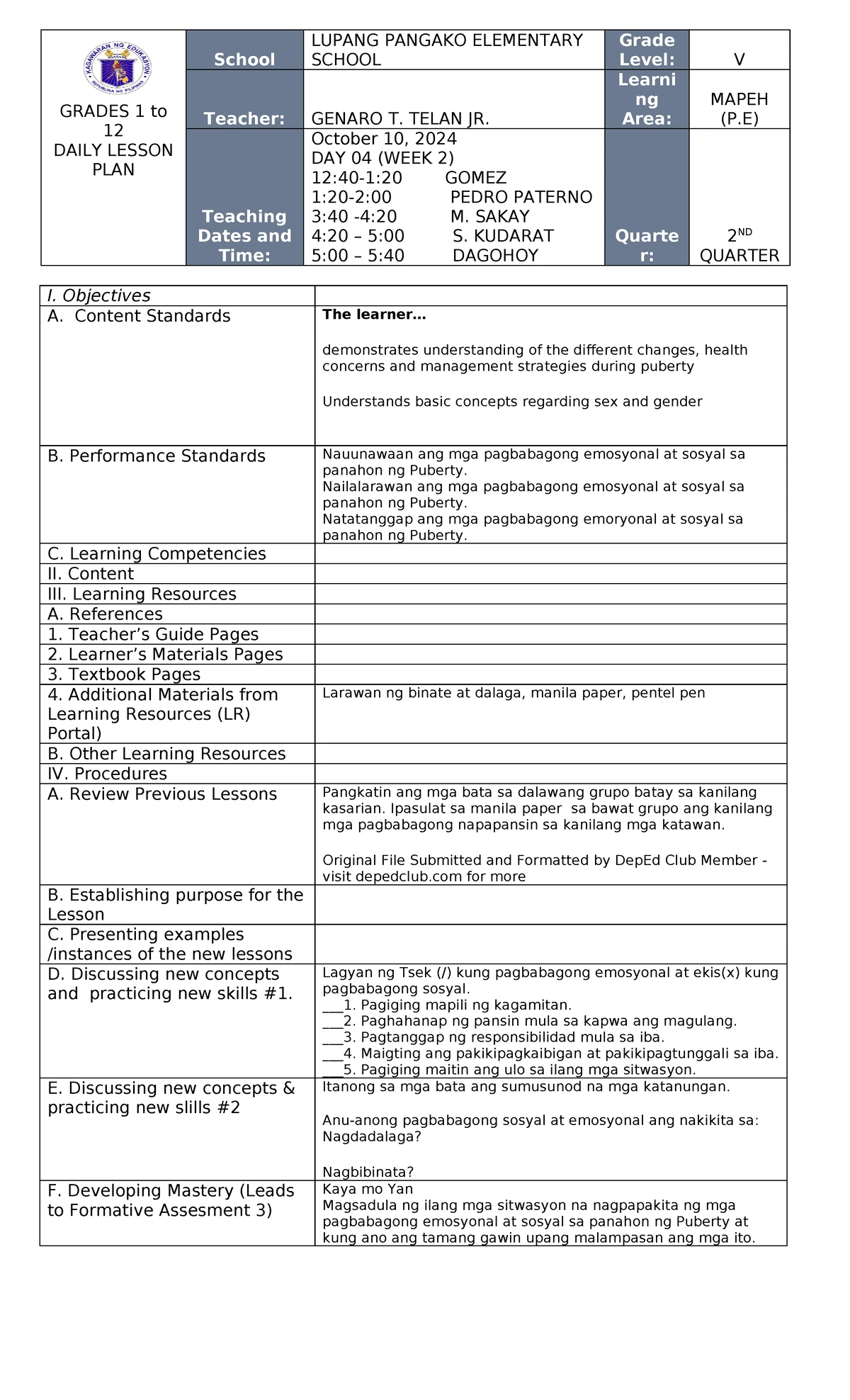 Week 1 DAY 3 PE - MAPEH LESSON PLAN for Grades 1-12 - Studocu