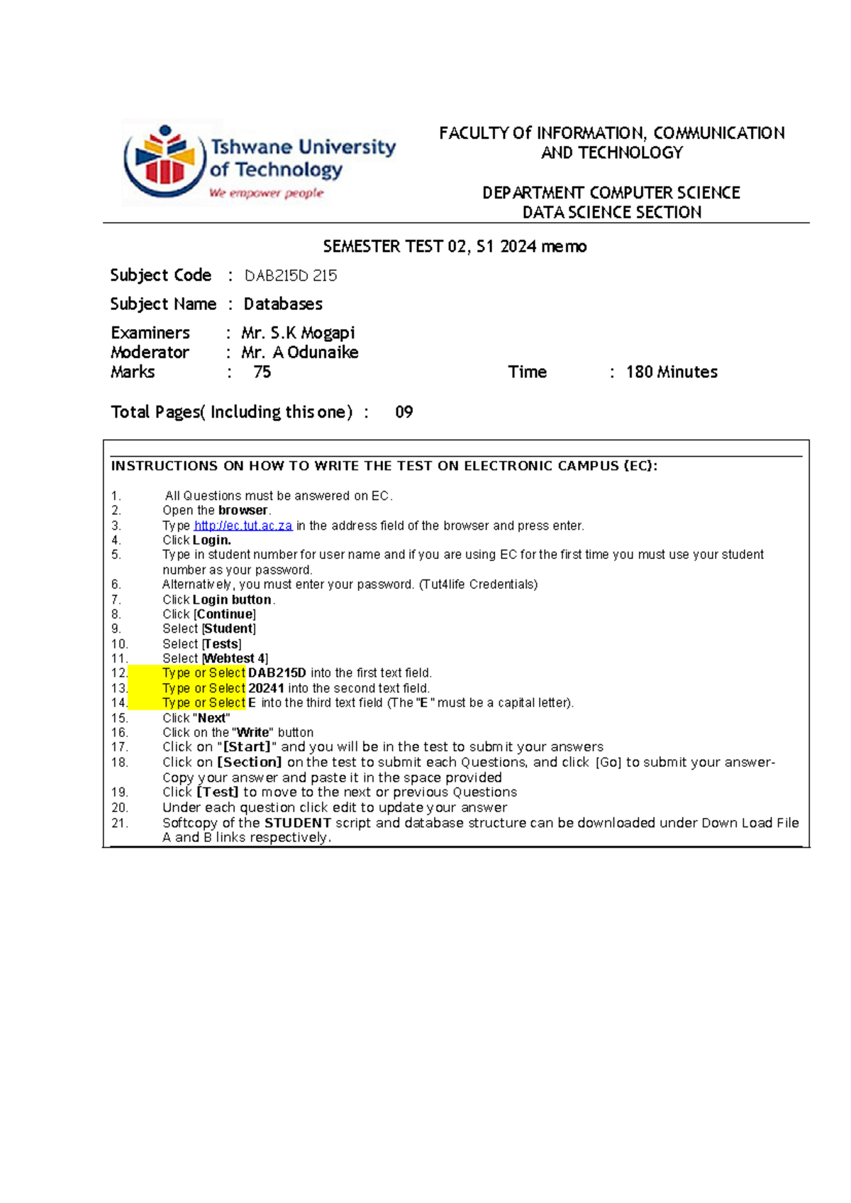 DAB215D - Semester Test 2 Memo and Guidelines for 2024 S1 - Studocu