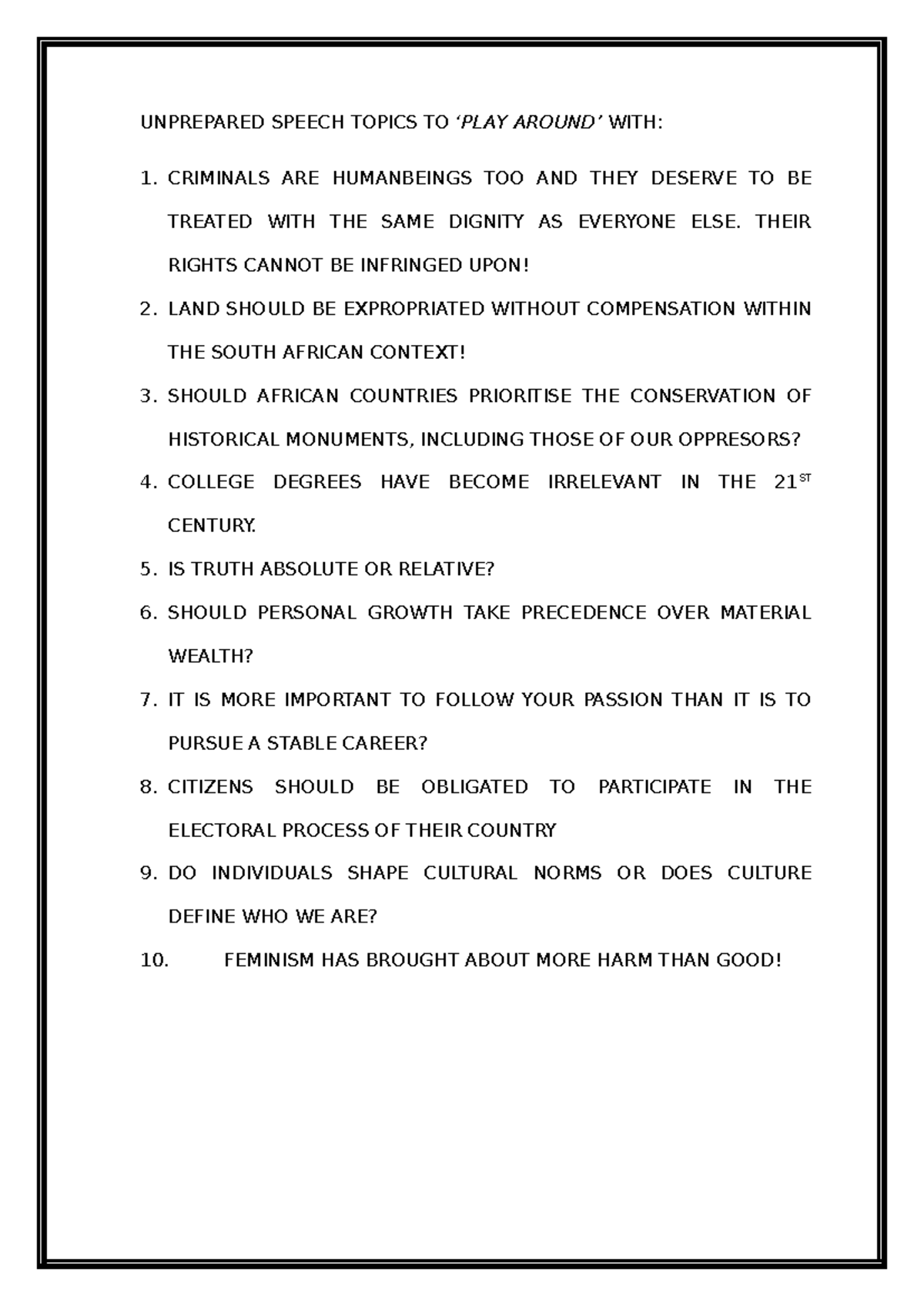 Unprepared Speech Topics for Public Speaking Practice - Studocu