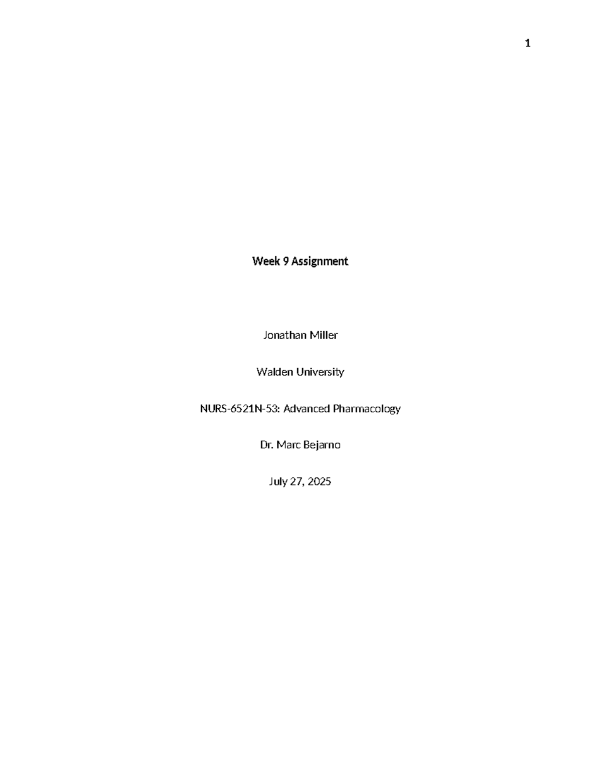 WK9 Assignment: Advanced Pharmacology Scenarios - Jonathan Miller