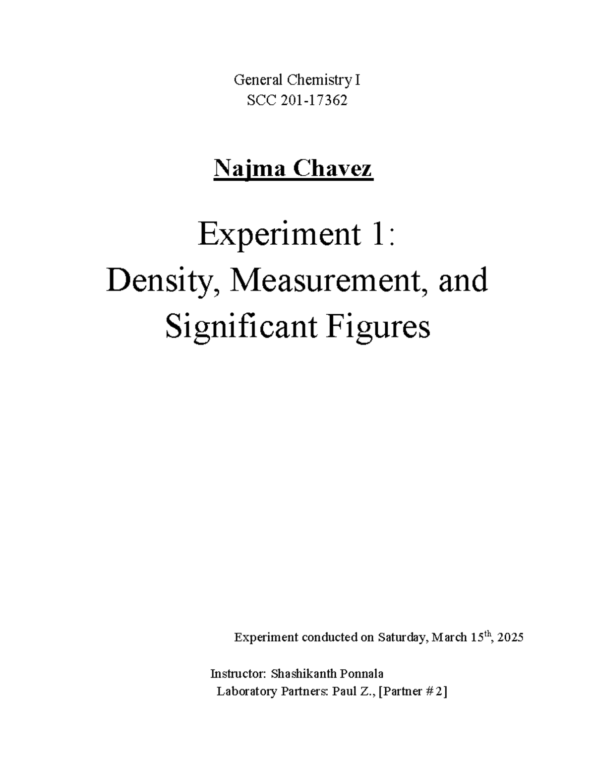 Najma Chavez SCC 201 Lab Report 1 - General Chemistry I SCC 201- Najma ...