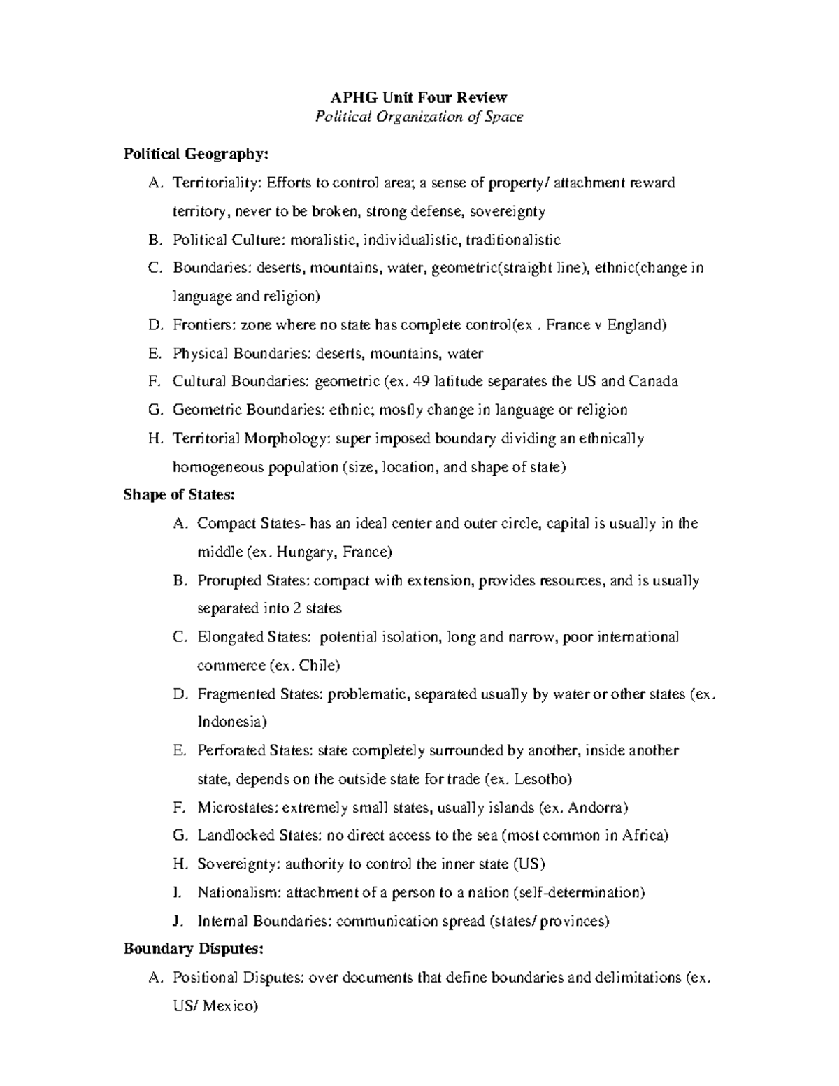 APHG Unit 4 Study Guide: Political Organization of Space Review - Studocu