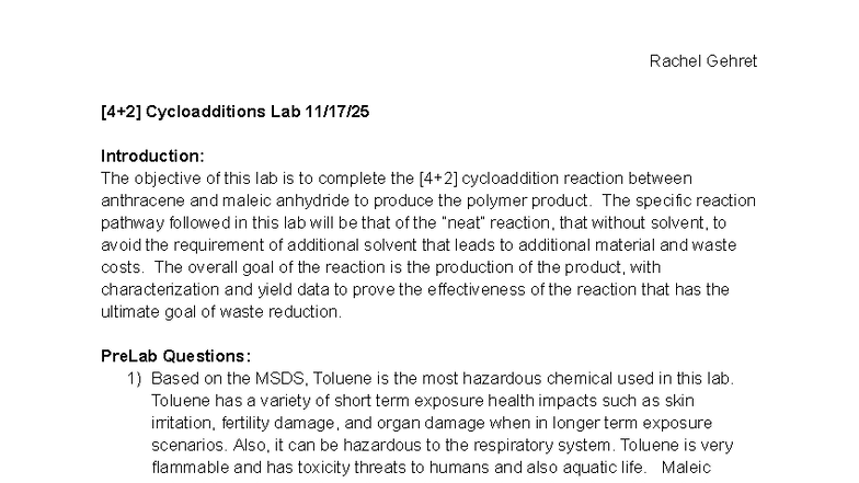 Cycloadditions Lab Pre-Lab Notes for OChem M 1 4 2 - Studocu