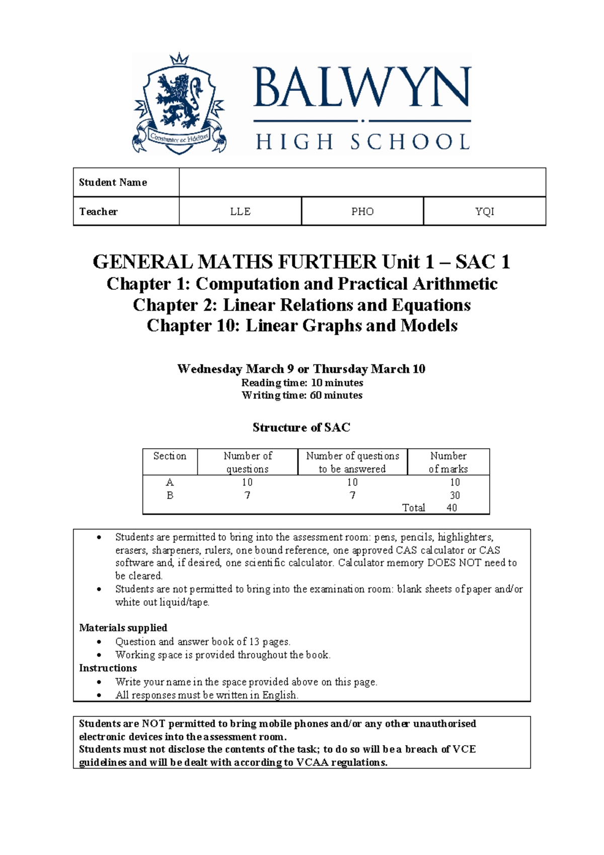 2022 GMF UNIT 1 SAC 1 - Computation, Linear Relations & Graphs - Studocu