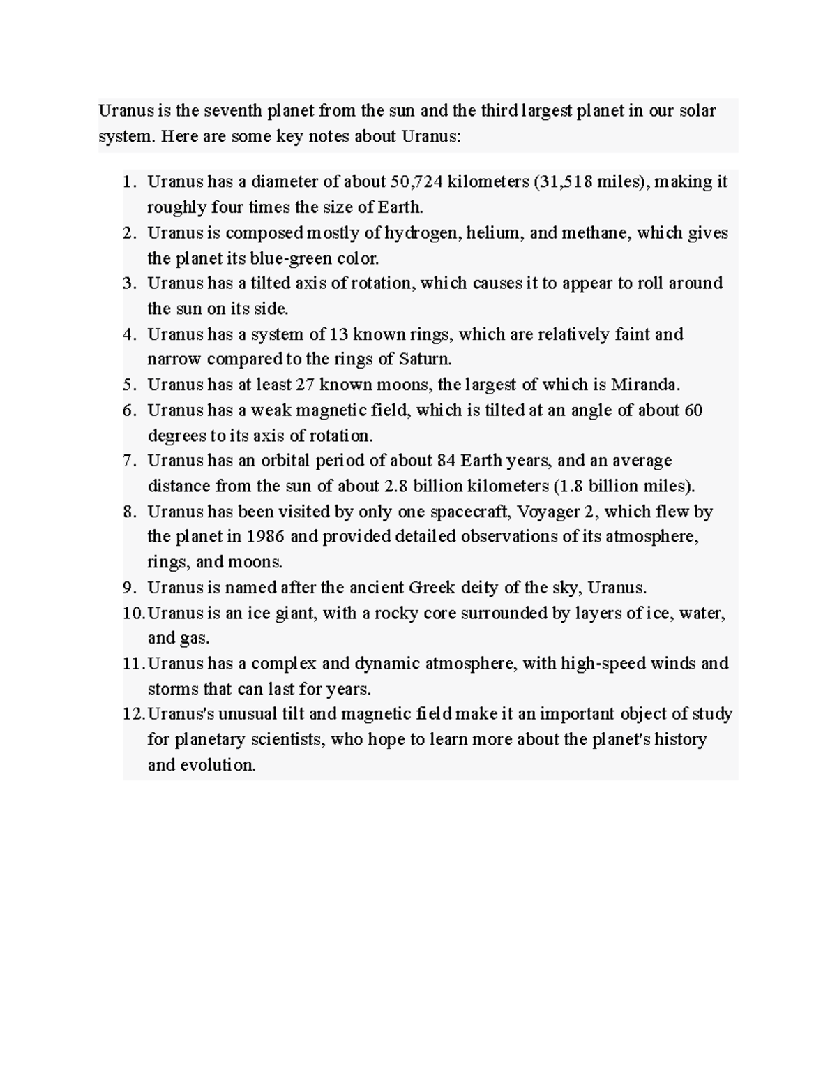 Notes on Uranus - Uranus is the seventh planet from the sun and the ...
