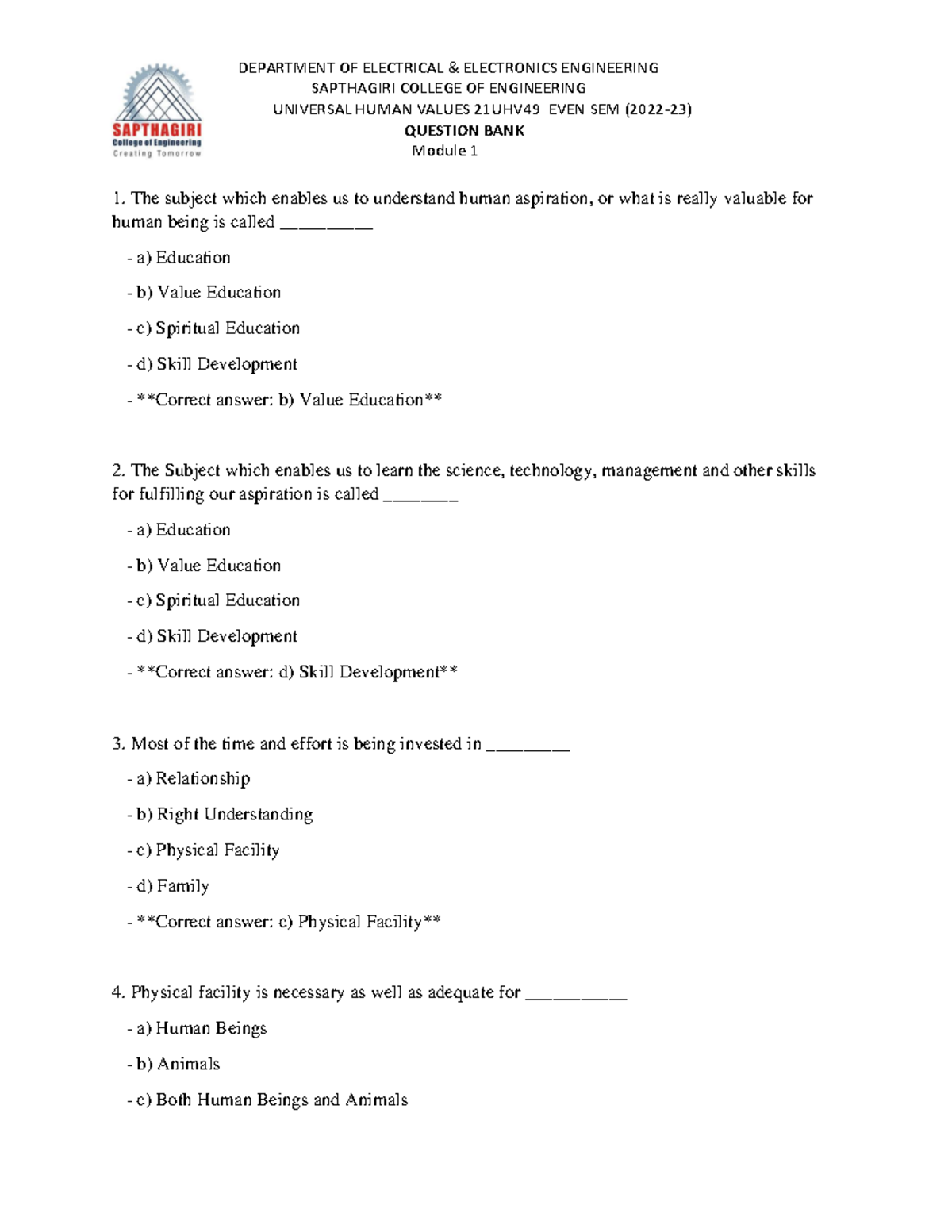 21UHV49 Question Bank for Module 1: Universal Human Values - Studocu
