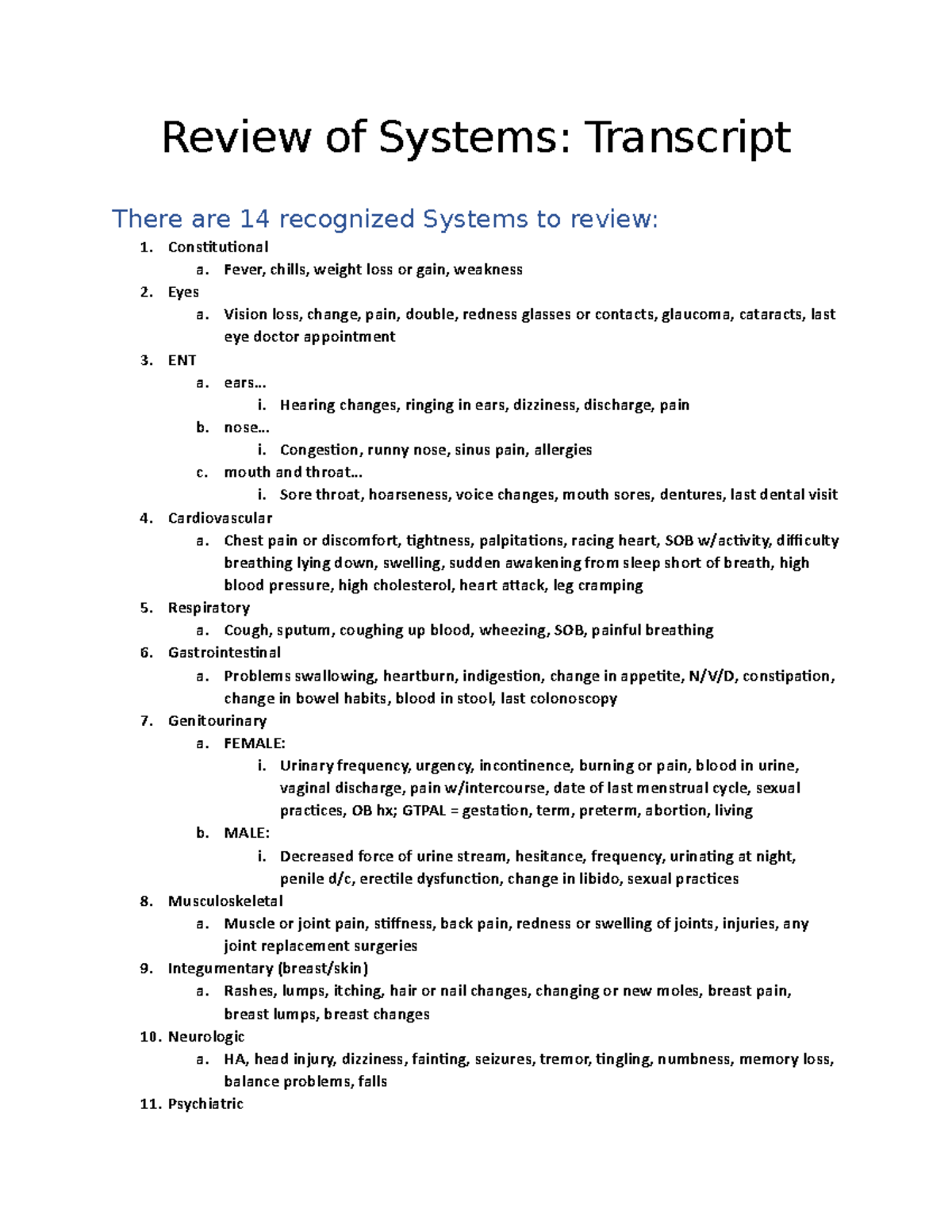 Review of Systems (ROS) Transcript for Patient Evaluation - Studocu