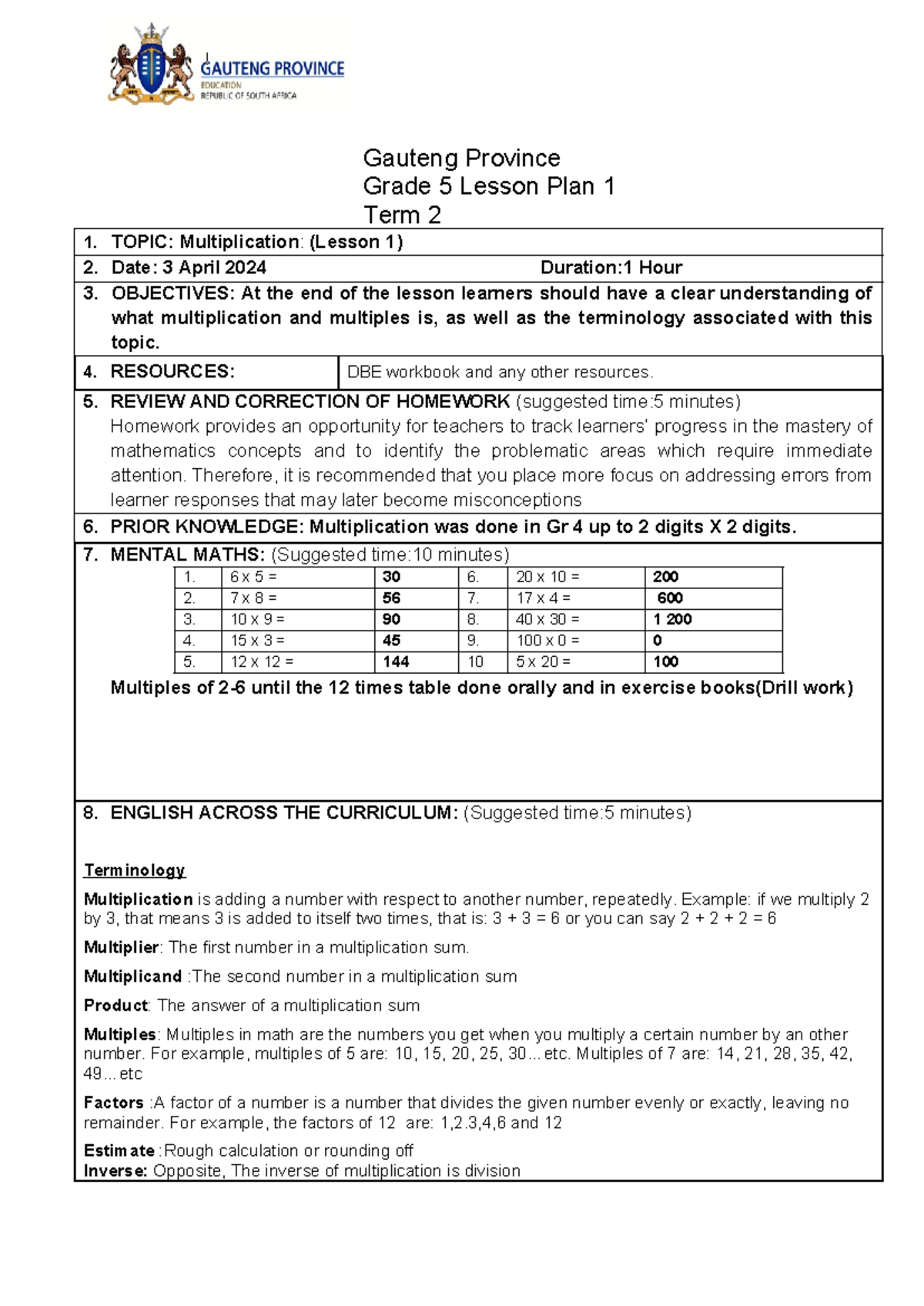 Grade 5 Term 2 Multiplication Lesson Plans Overview - Studocu