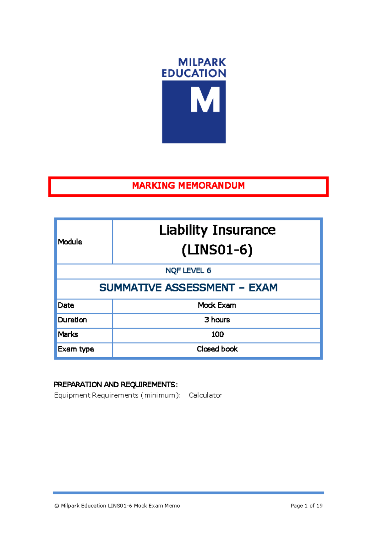 Memo Mock Exam LINS01-6: Liability Insurance NQF Level 6 Assessment ...