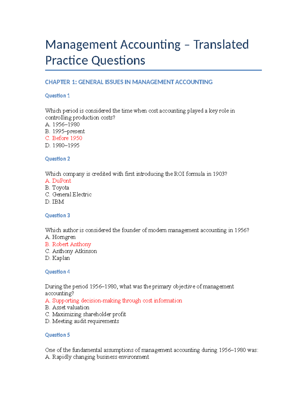 Management Accounting Practice Questions: Chapter 1 & 2 Insights - Studocu