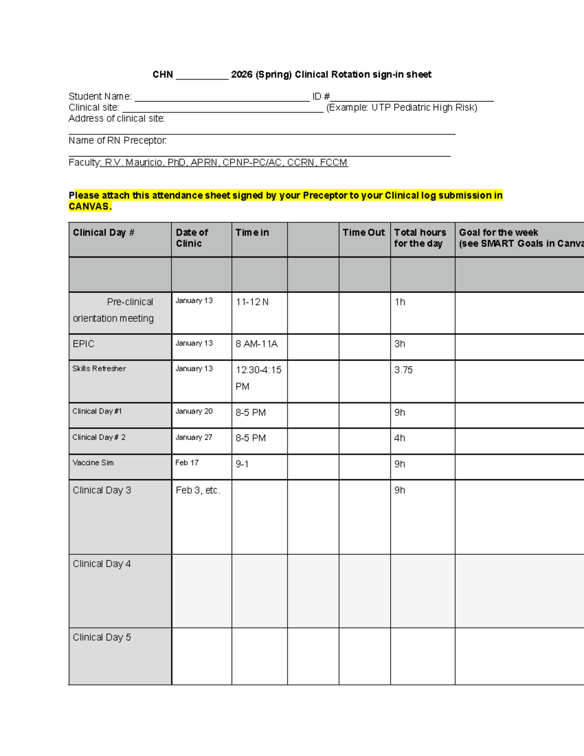 CHN 2026 Spring Clinical Rotation Attendance Sheet - Studocu