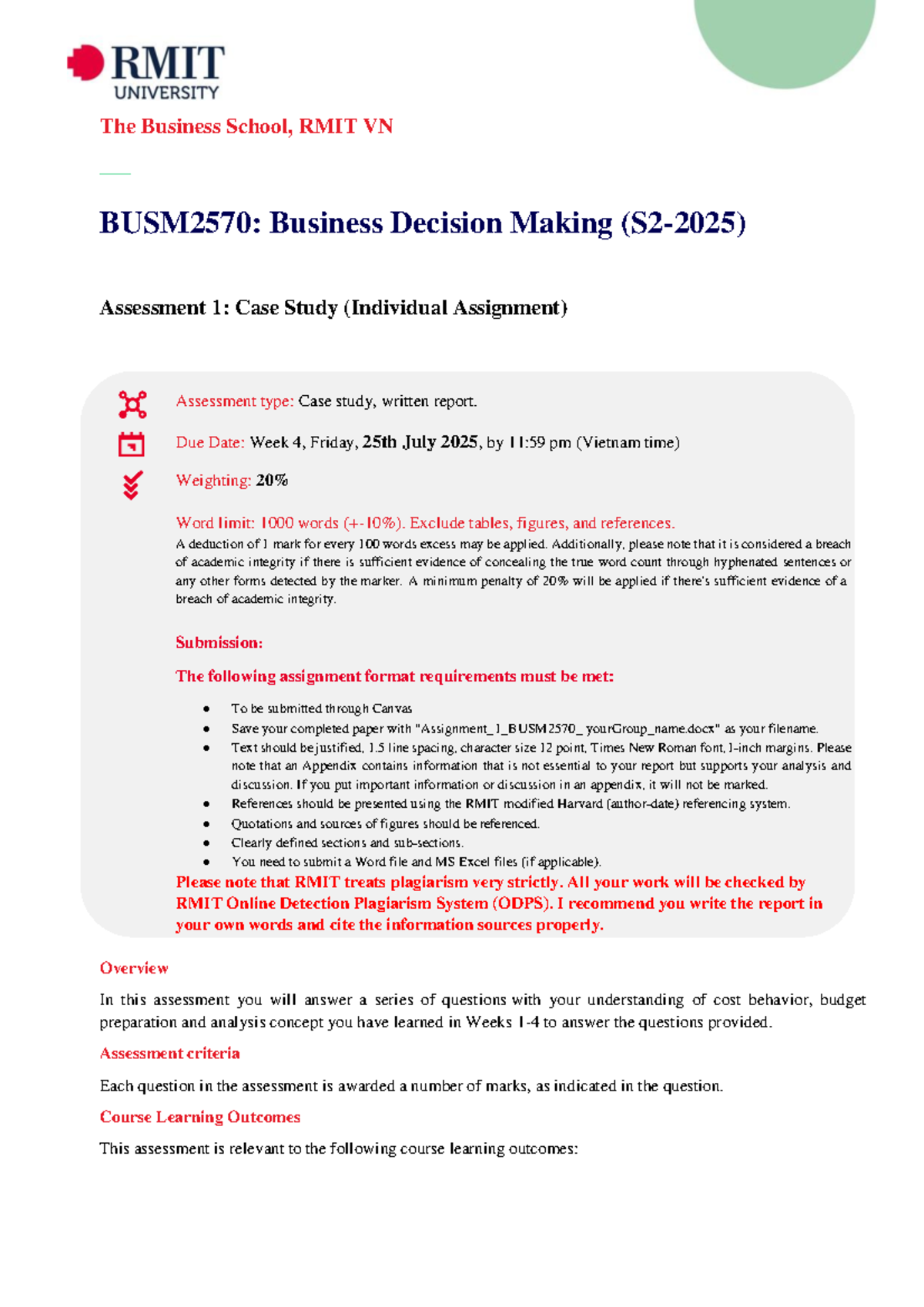 2025S2 BUSM2570: Business Decision Making Case Study Assessment 1 - Studocu
