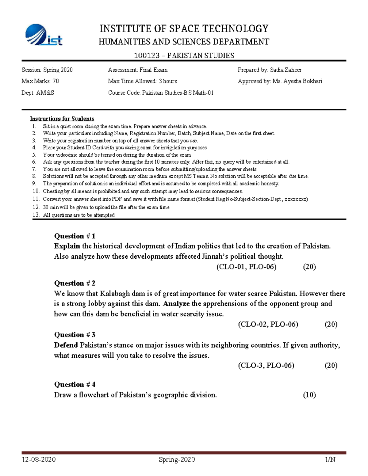 Final Exam 100123 Pakistan Studies: Assessment Guidelines & Questions ...