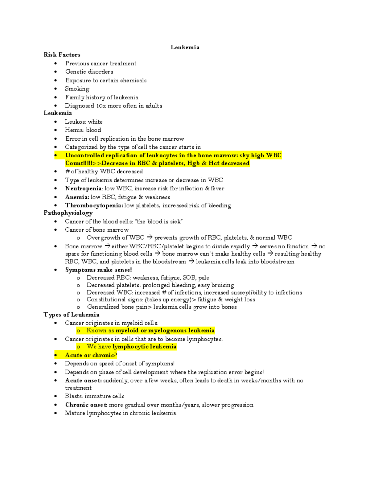 Leukemia: Comprehensive Lecture Notes & Risk Factors Overview - Studocu