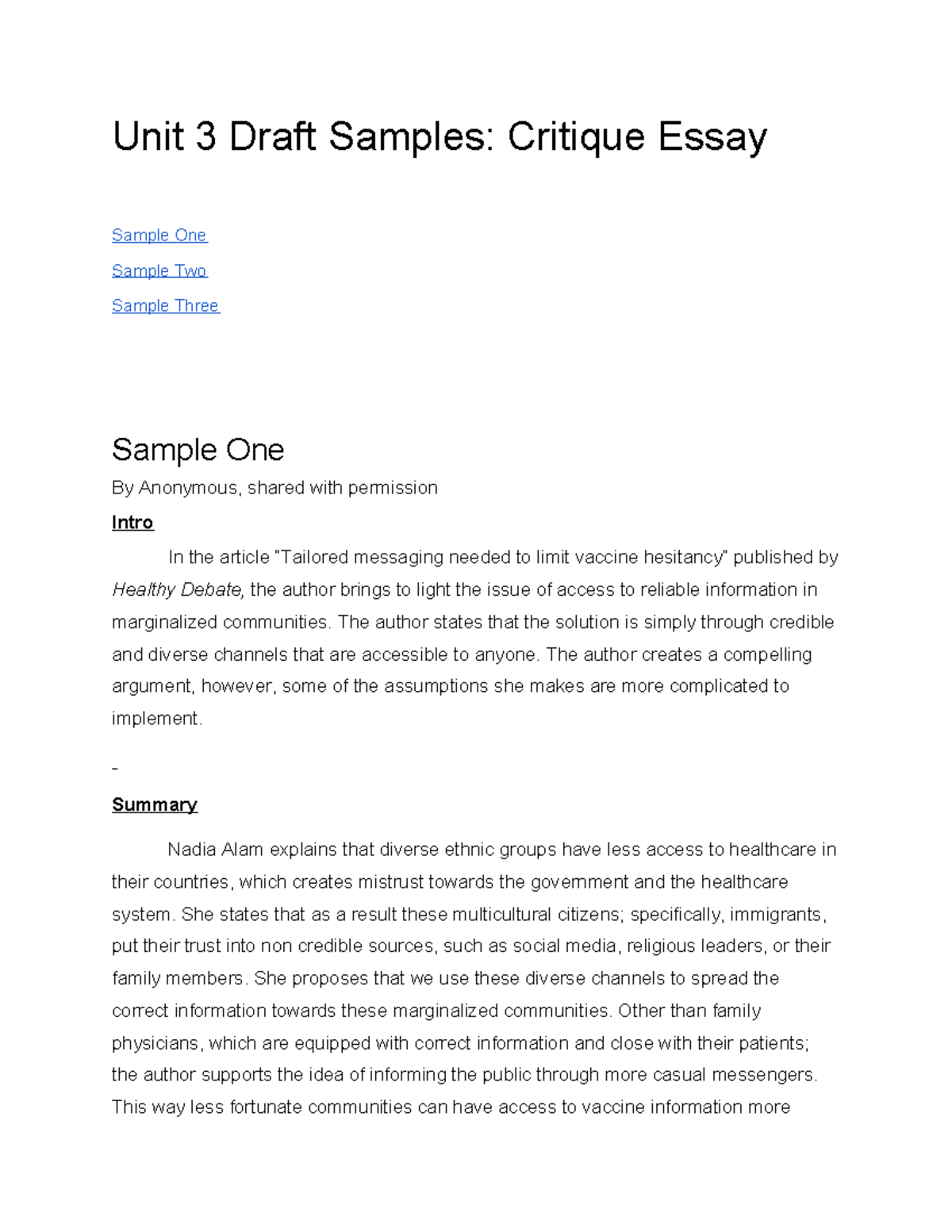 Unit 3 Critique Essay Draft Samples: Analysis and Responses - Studocu