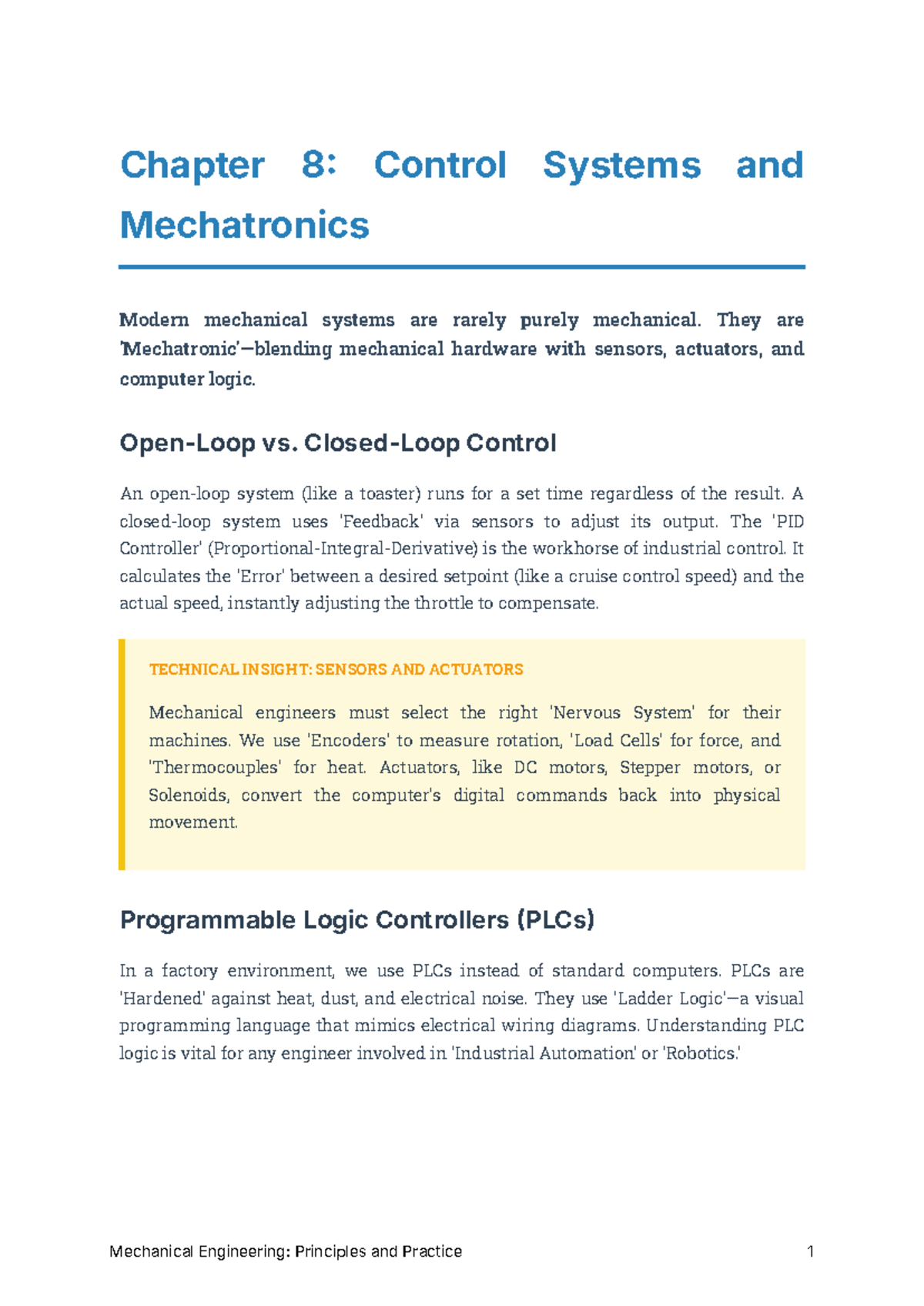 Chapter 8: Control Systems & Mechatronics (ME 101) - Studocu