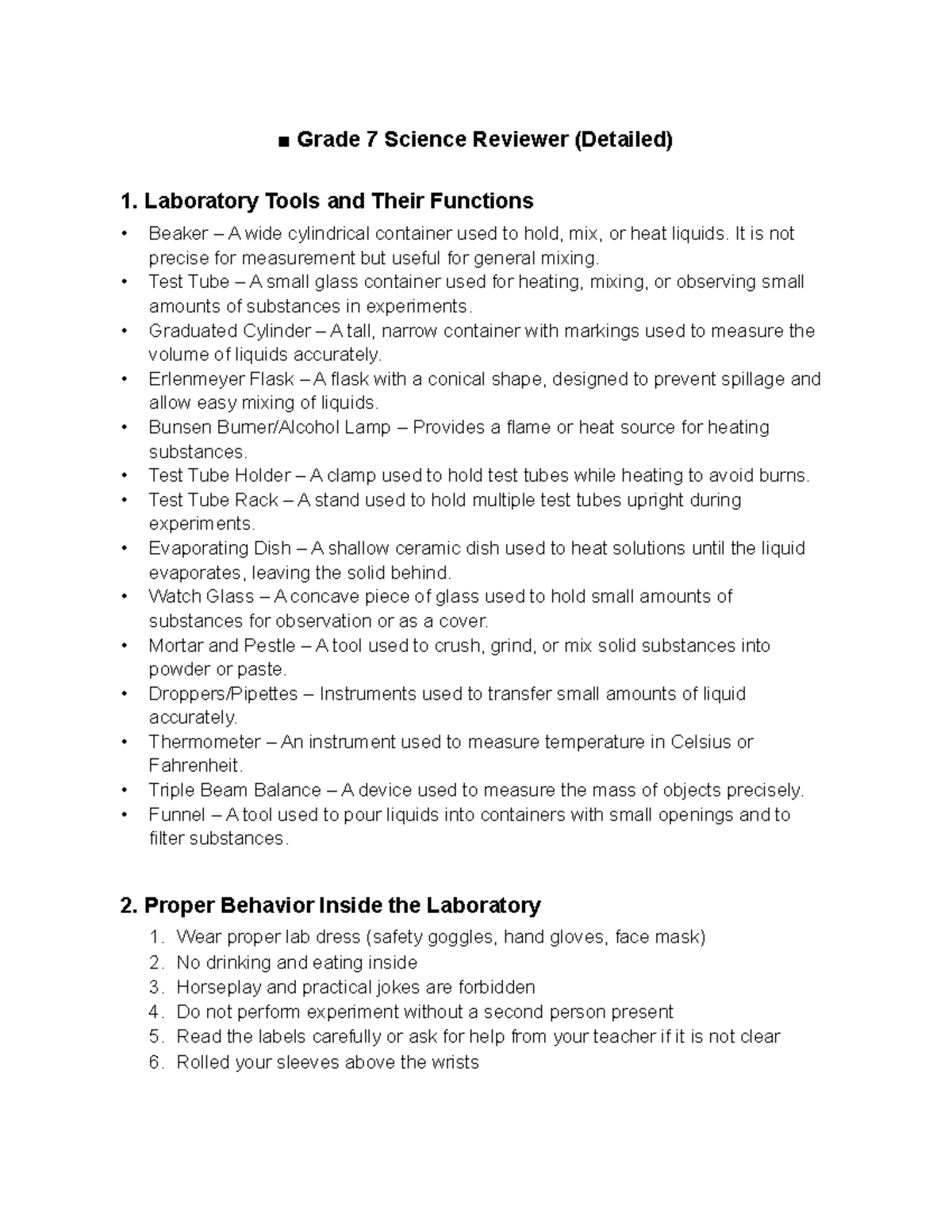 Grade 7 Science G7 Reviewer: Laboratory Tools & Particle Theory - Studocu