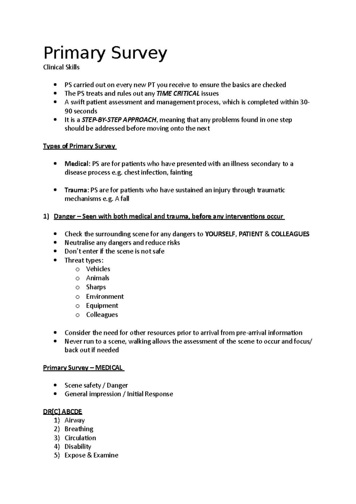 Primary Survey Overview: Medical & Trauma Assessment Guide - Studocu