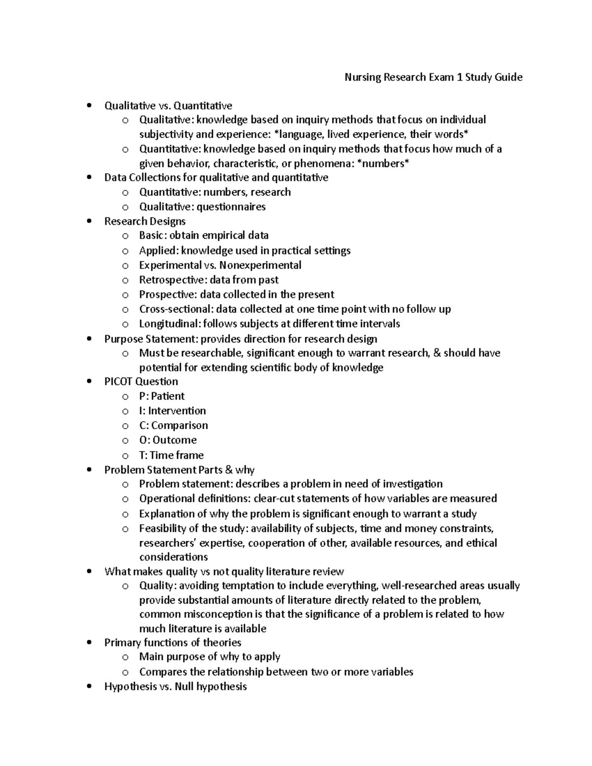 Nursing Research Exam 1 Study Guide - Quantitative o Qualitative ...