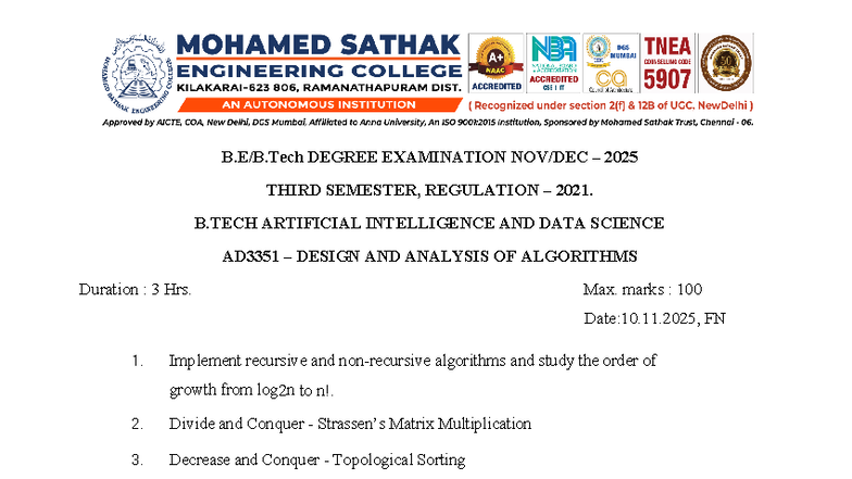 AD3351 Design and Analysis of Algorithms - Degree Exam Q&A 2025 - Studocu