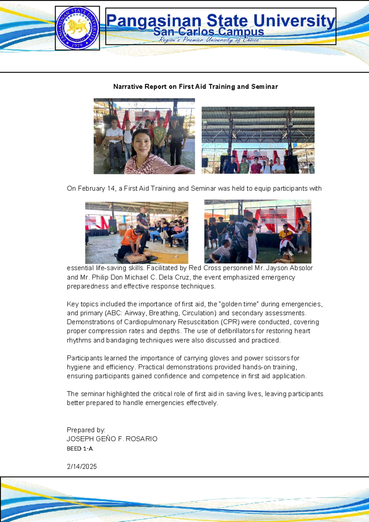 BEED 1-A Seminar Report: First Aid Training & Skills Overview - Studocu