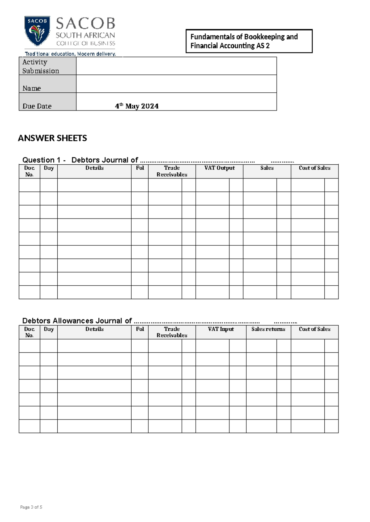 Fundamentals of Bookkeeping and Financial Accounting AS 2 Assignment 2 ...