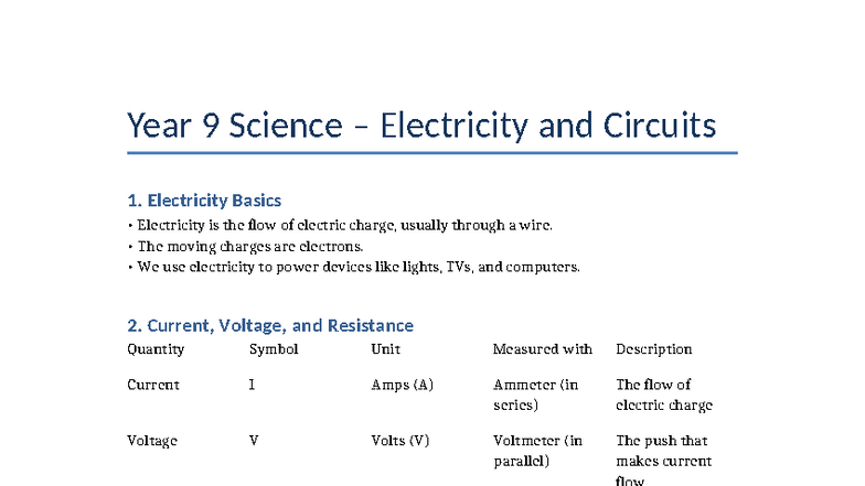 Year 9 Science: Electricity & Circuits Overview and Key Concepts - Studocu