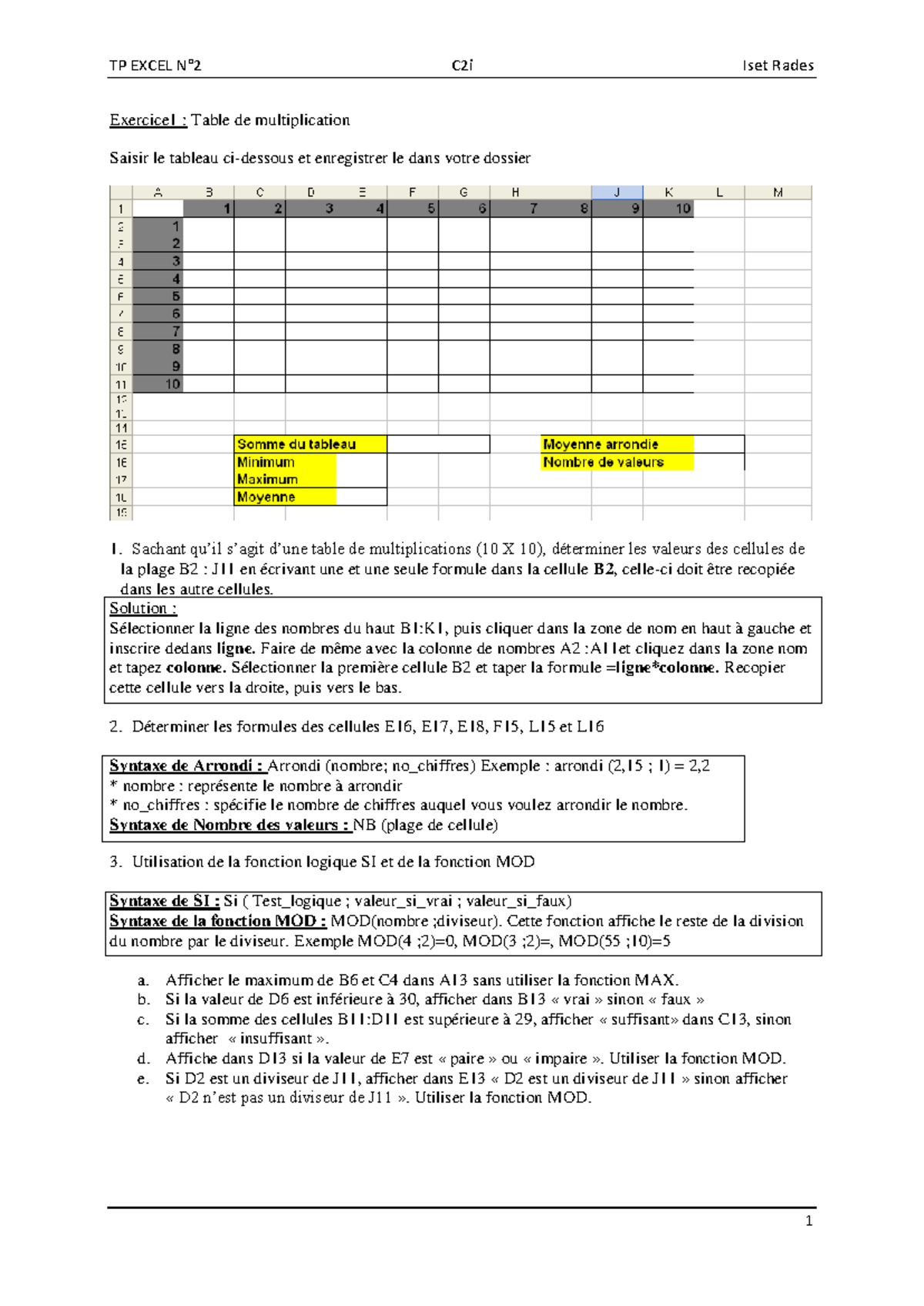 TP Excel N°2 : Exercices Pratiques pour C2i Iset Rades - Studocu