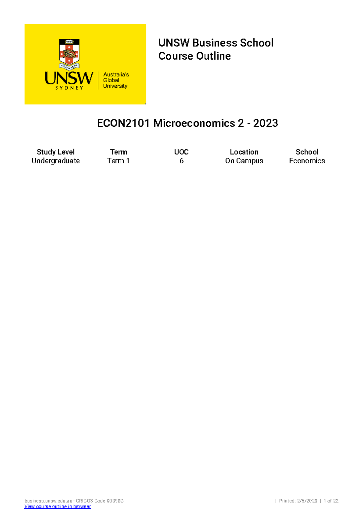 ECON2101 Microeconomics 2 - Comprehensive Course Outline for Term 1 ...