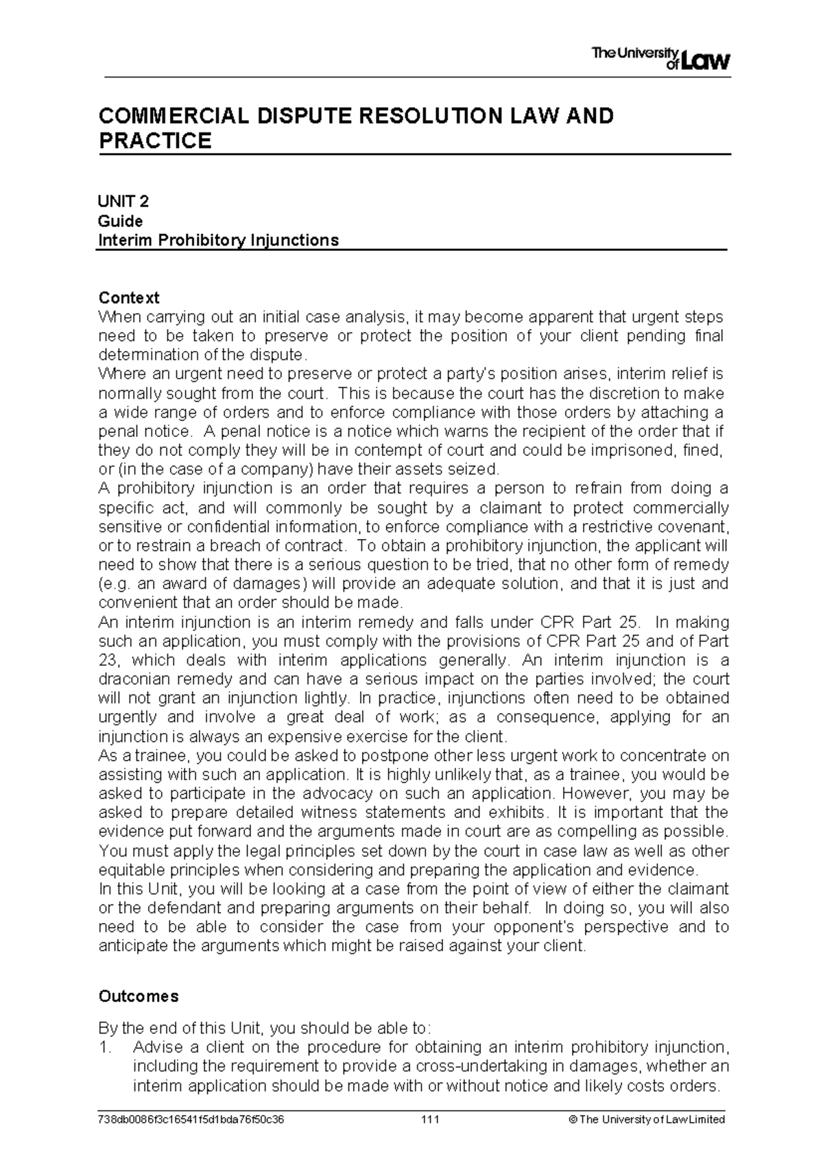 Workshop 2 Guide: Interim Prohibitory Injunctions in CDR Law - Studocu