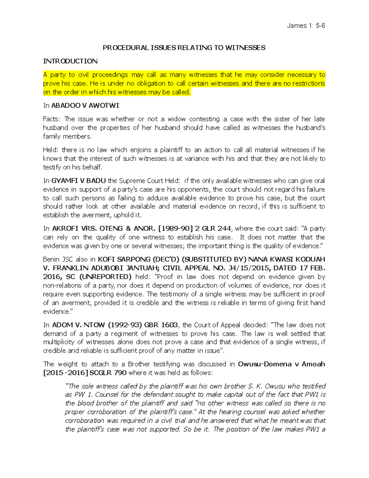 James 1: Procedural Issues Relating to Witnesses in Civil Proceedings ...