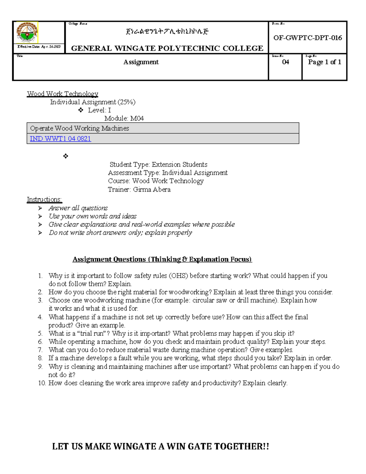 Wood Work Technology Assignment: Operate Wood Working Machines (M04 ...