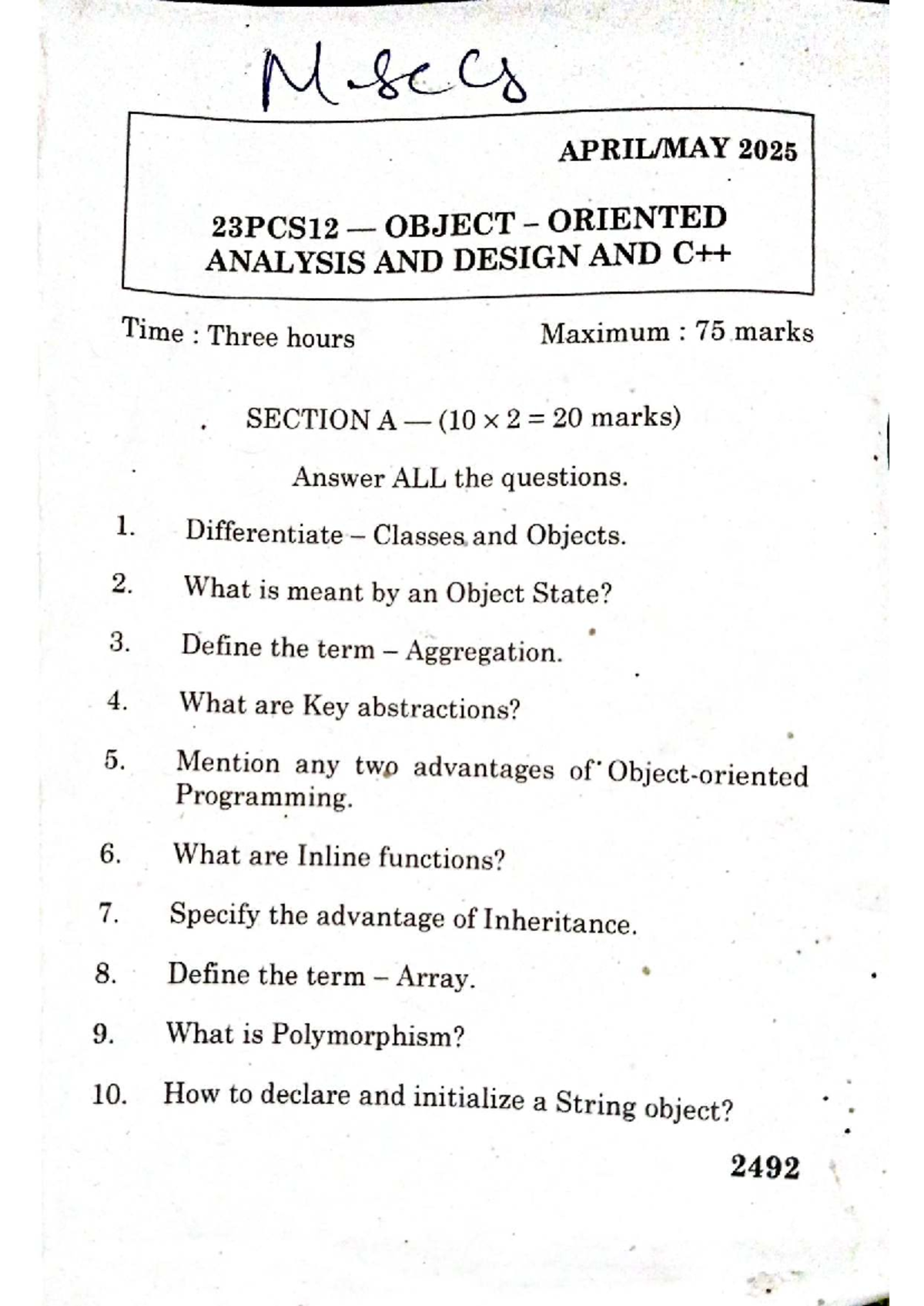 M.secs 2025 23PCS12 Object Oriented Analysis & Design Exam Paper - Studocu
