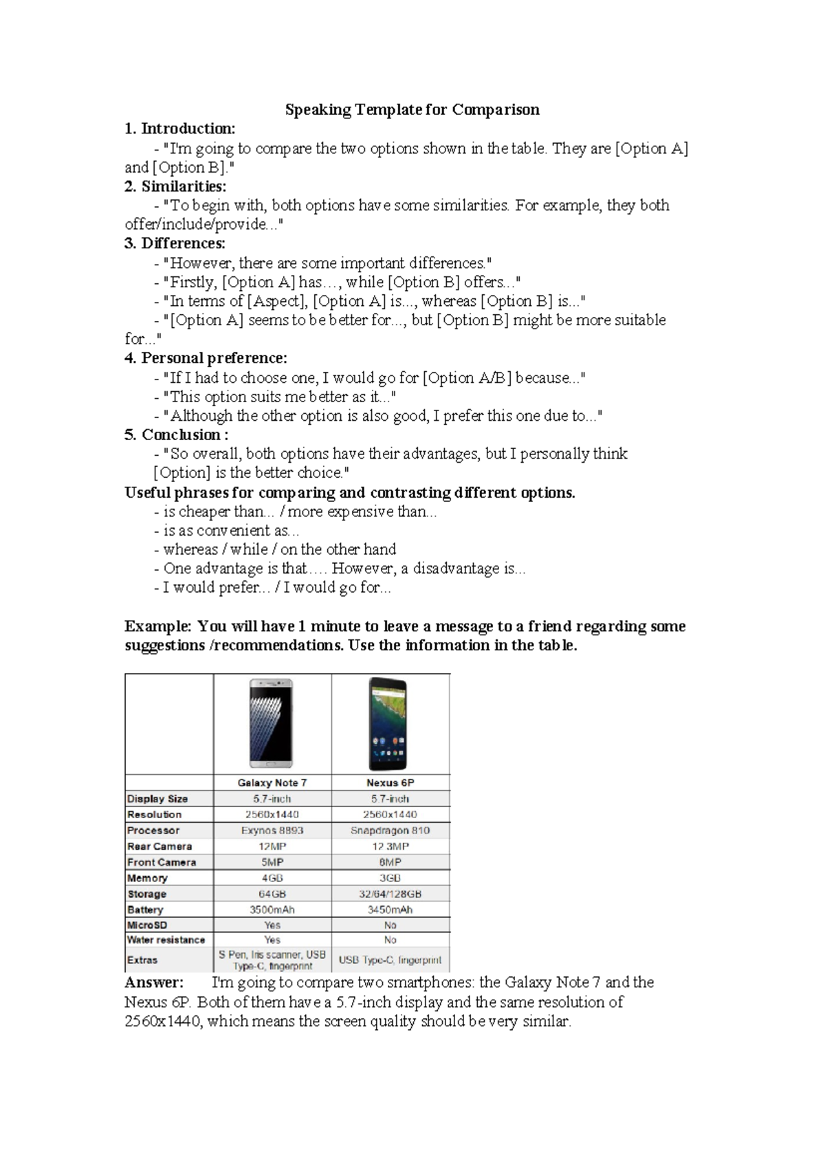 Speaking Template for Comparison: Smartphones Analysis - Studocu