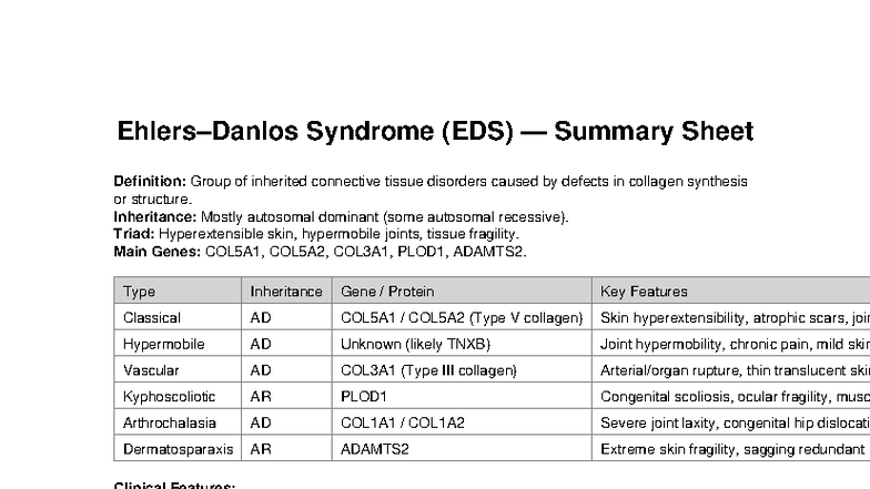 Ehlers-Danlos Syndrome (EDS) Summary Sheet: Key Features & Management ...
