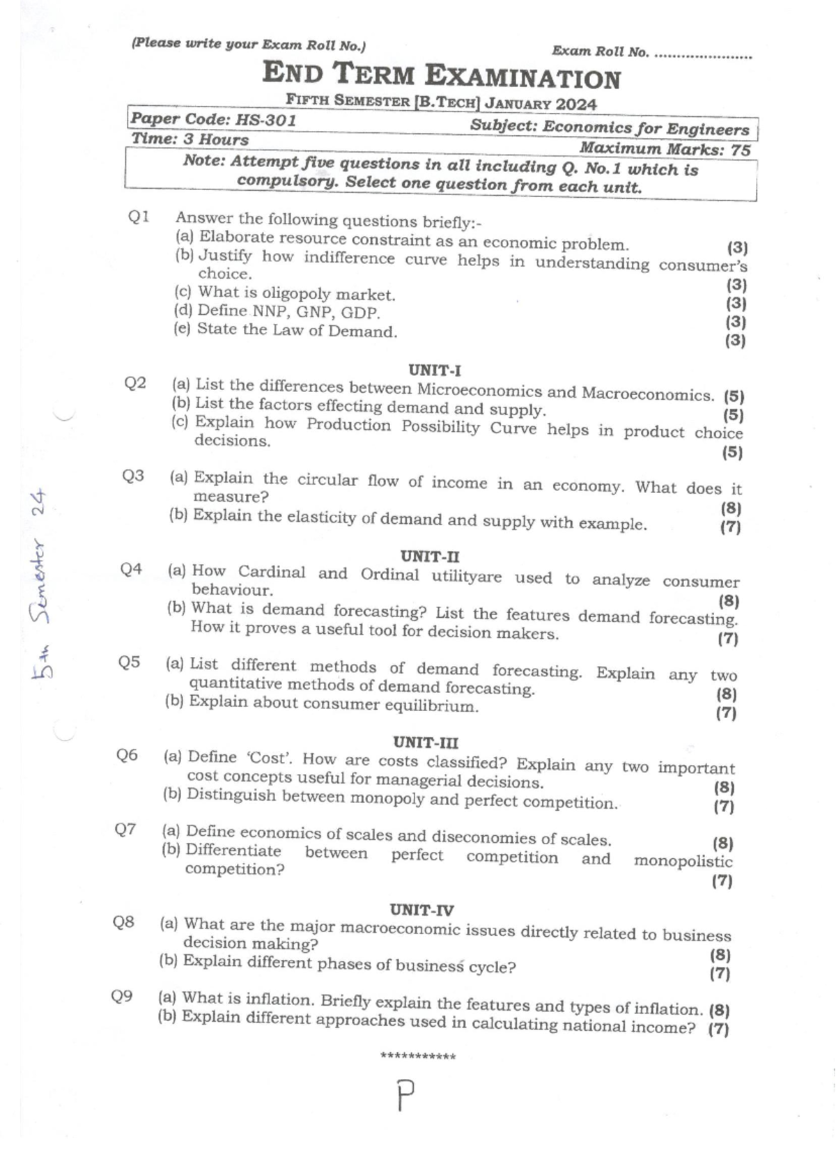 End Term Examination Papers for 5th Semester (B.Tech) - January 2024 ...