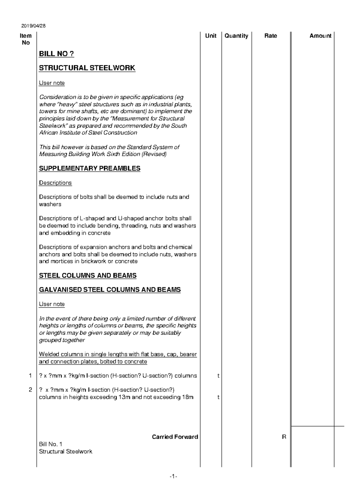 Structural Steelwork Bill No. 1: Detailed Measurement & Specifications ...