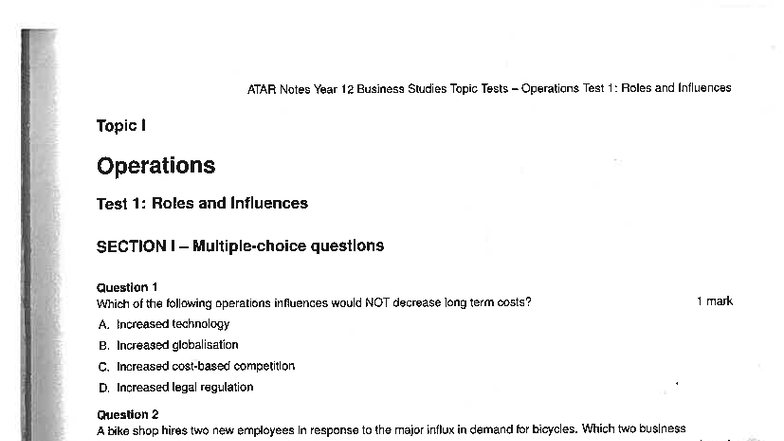 ATAR Notes Year 12 Business Studies Operations Test 1 & 2 Questions ...