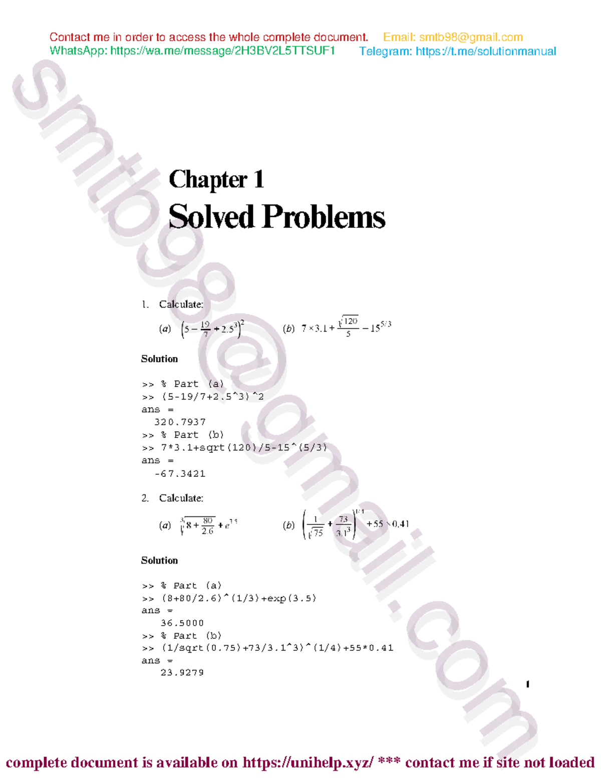 Solution Manual for MATLAB 6th Edition: Chapter 1 Problems - Studocu