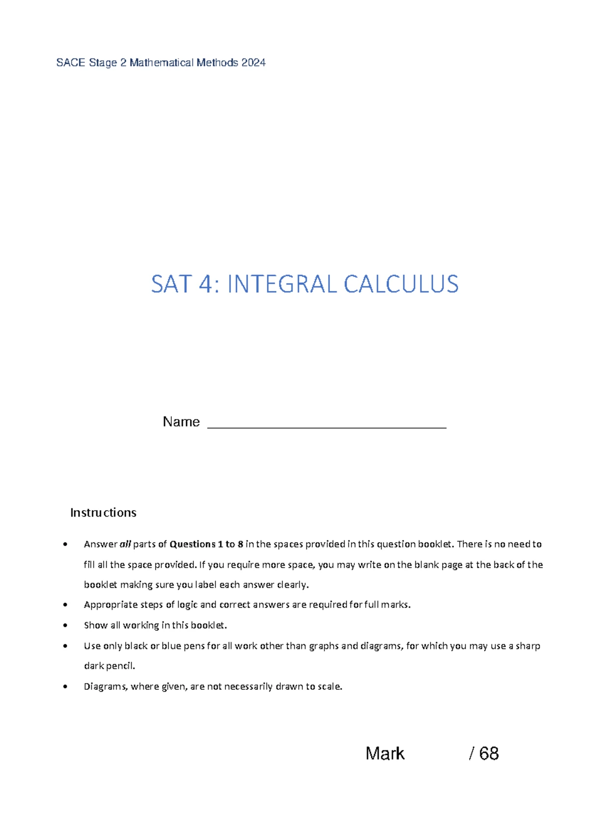 2023 SACE Stage 2 Mathematical Methods SAT 4 Integration Solutions ...