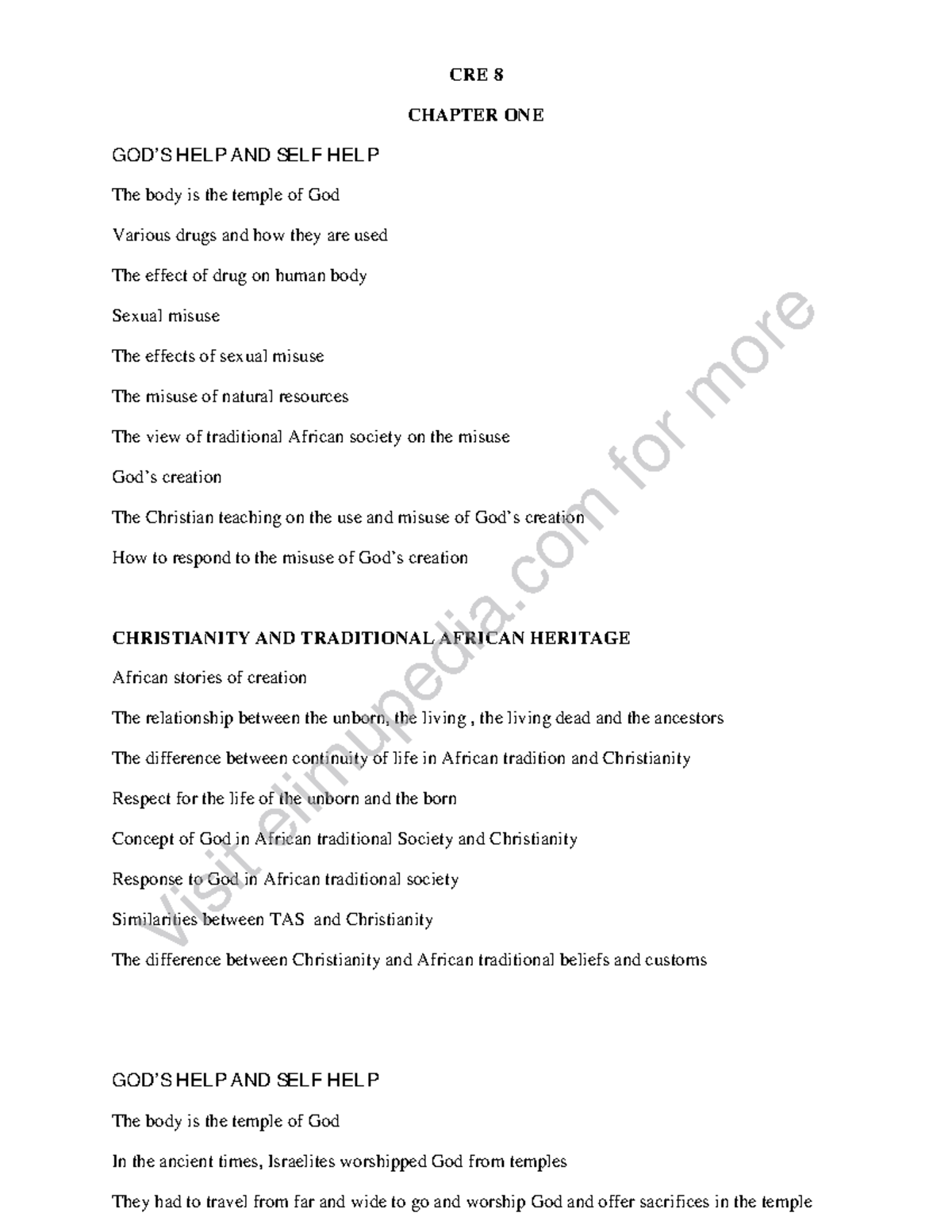 CBC Grade 8 CRE Chapter Notes: God's Help & Self Help - Studocu