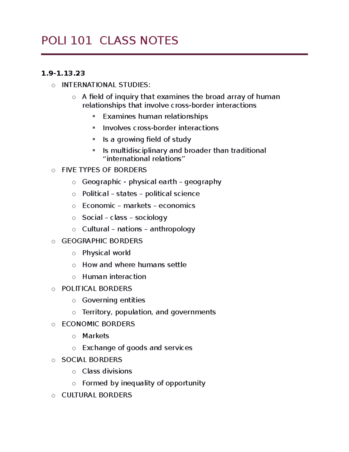 POLI 101 Lecture Notes: Key Concepts in International Studies - Studocu